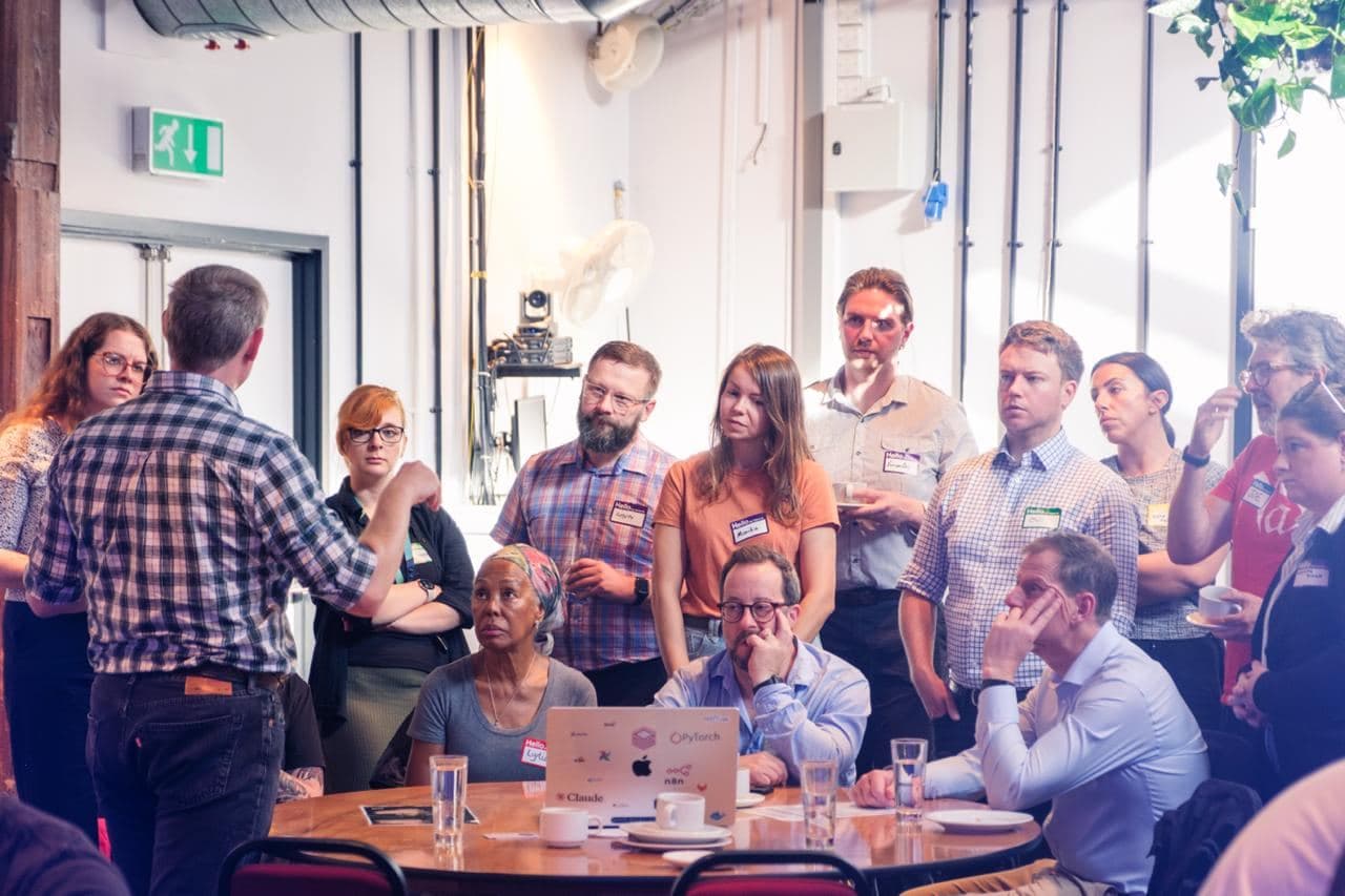 A crowd gathered round a demo station